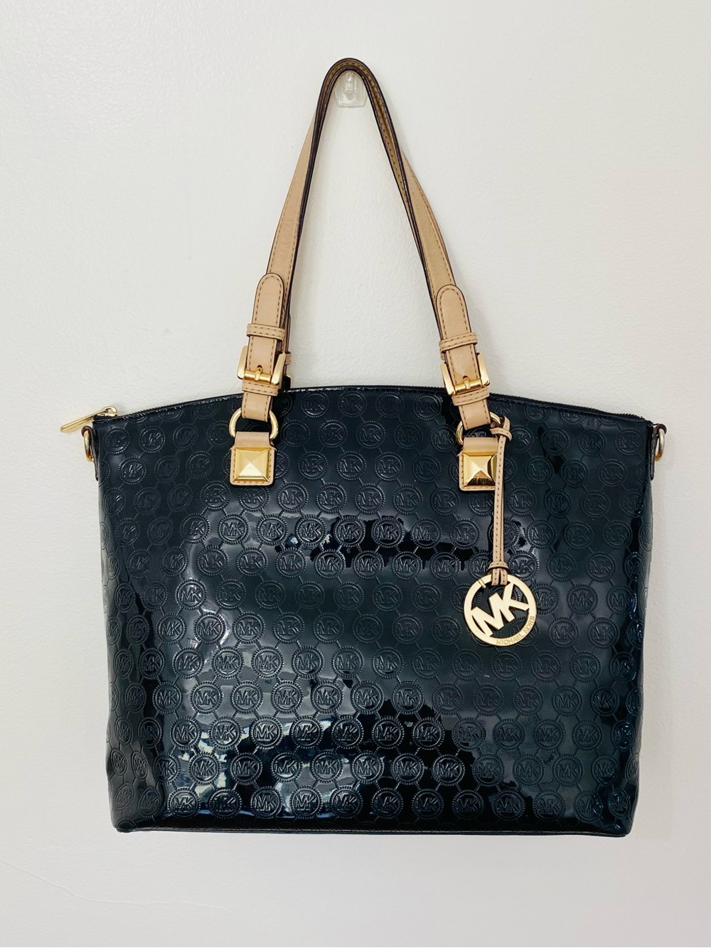 Michael Kors MICHAEL Black Patent MK Monogram Large Tote Shoulder Bag